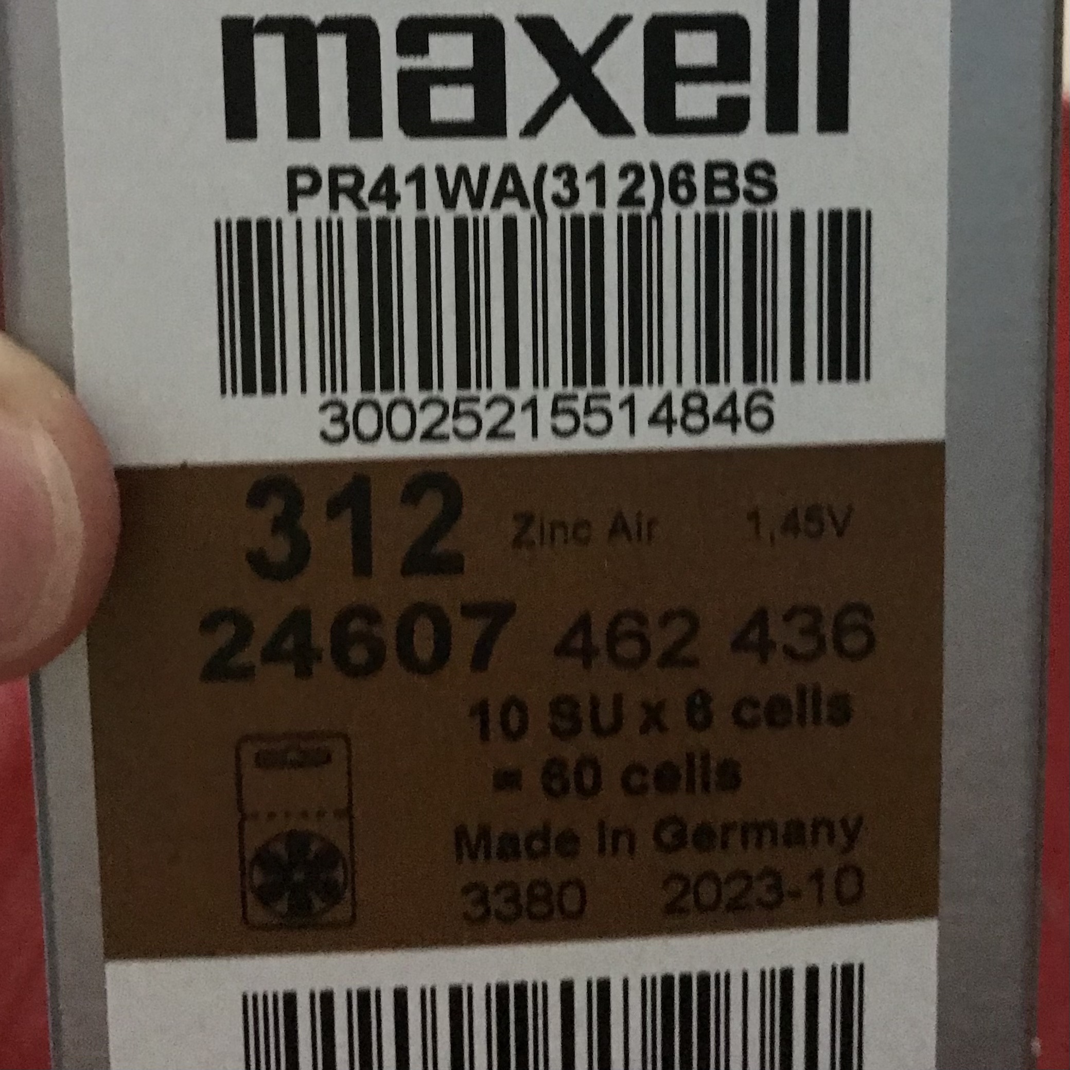 Pin 1,45V MAXELL 312 [PR41] nhập khẩu Đức dùng cho máy trợ thính, Vỉ 6 Viên