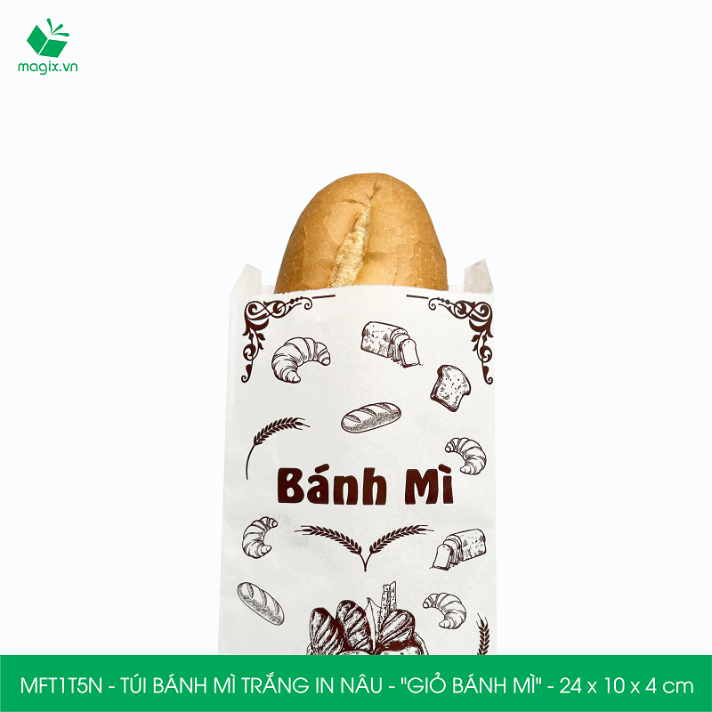 MFT1T5N - 24x10x4 cm - 500 Túi bánh mì Trắng, in sẵn họa tiết GIỎ BÁNH MÌ - Bao bánh mì Túi giấy thực phẩm an toàn