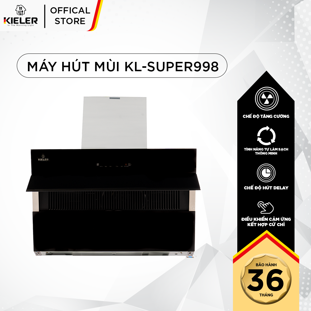 Máy hút mùi KIELER KL-SUPER998 công suất hút cao, không gây tiếng ồn, kiểu vát kính sang trọng, điều khiển bằng cử chỉ - Hàng Chính Hãng