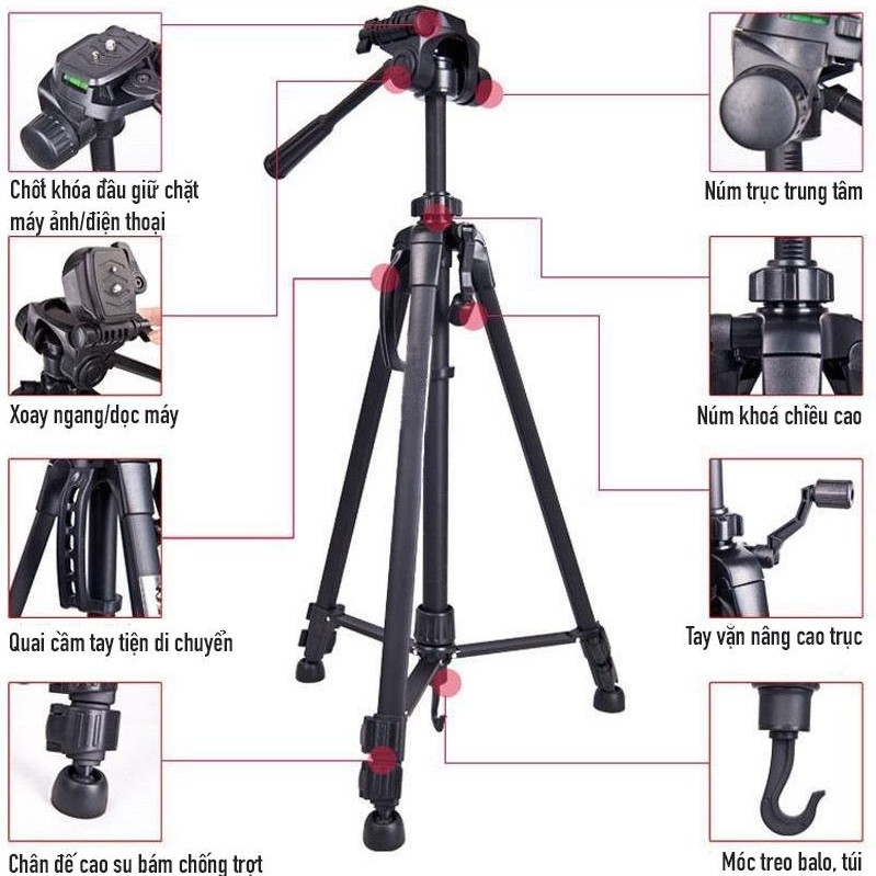 Chân máy ảnh, tripod Weifeng WT-3520, khung hợp kim cao cấp điều chỉnh được độ cao, có tay cầm cực chắc chắn tặng đầu kẹp điện thoại