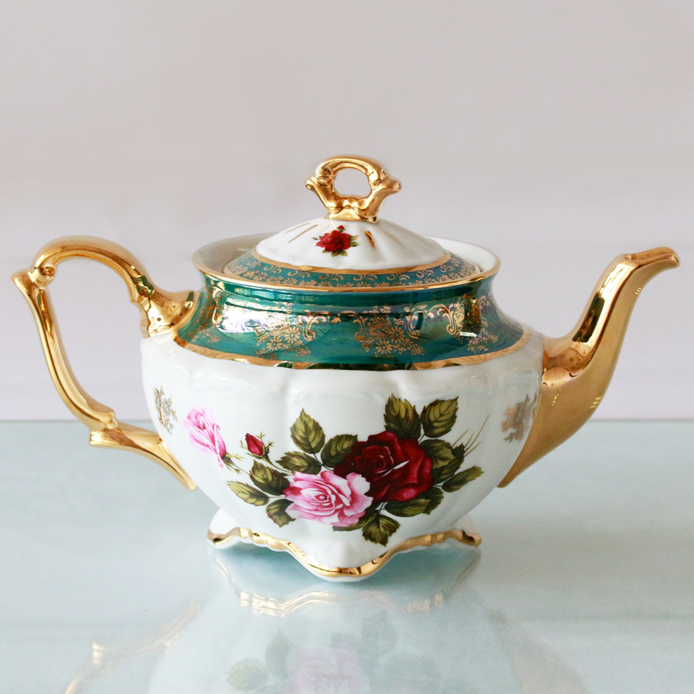 Bộ ấm trà sứ xanh lá mạ vàng Tiệp khắc