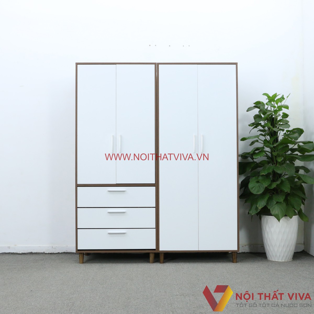 Tủ Quần Áo Lắp Ráp 4 Cánh Gỗ MDF Màu Óc Chó Phối Trắng Đẹp Hiện Đại