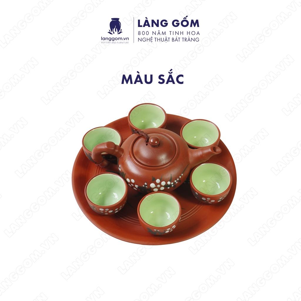Bộ ấm chén đất nung Hoa đào + khay tròn - Men mộc - Gốm sứ Bát Tràng - langgom.vn