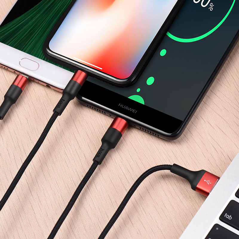 Cáp Sạc 3 in 1 USB sang Lightning Micro-USB Type-C Hoco X26  - Vỏ Hợp Kim Nhôm Dòng Tối Đa 2A