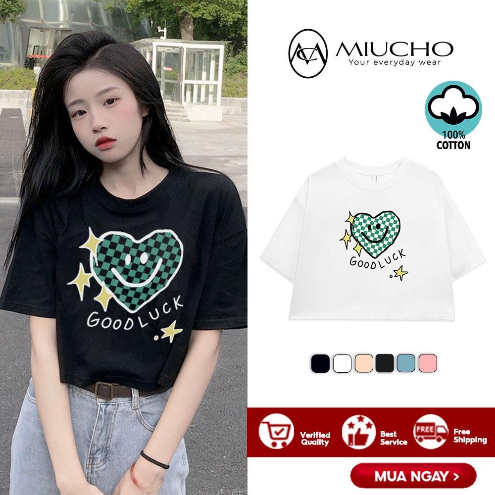 Áo croptop nữ tay ngắn cổ tròn vải thun cotton kiểu hàn quốc CR073 Miucho in hình hoạ tiết