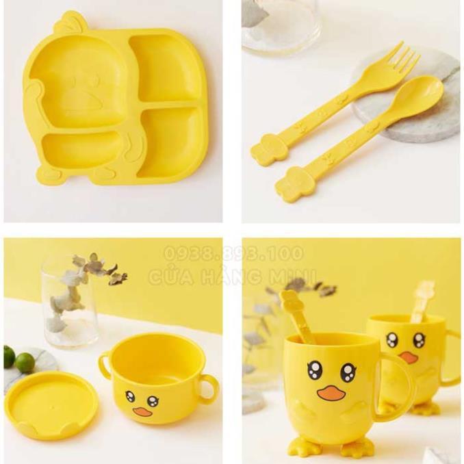 Bộ Khay Ăn Dặm Hình Con Vịt Vàng Cho Bé Đủ Phụ Kiện Khay, Muỗng, Nĩa, Ly, Chén