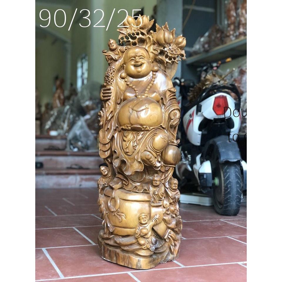 Tượng phật di lặc ngũ phúc gánh càng đào bằng gỗ bách xanh thơm nức kt 90×32×25cm