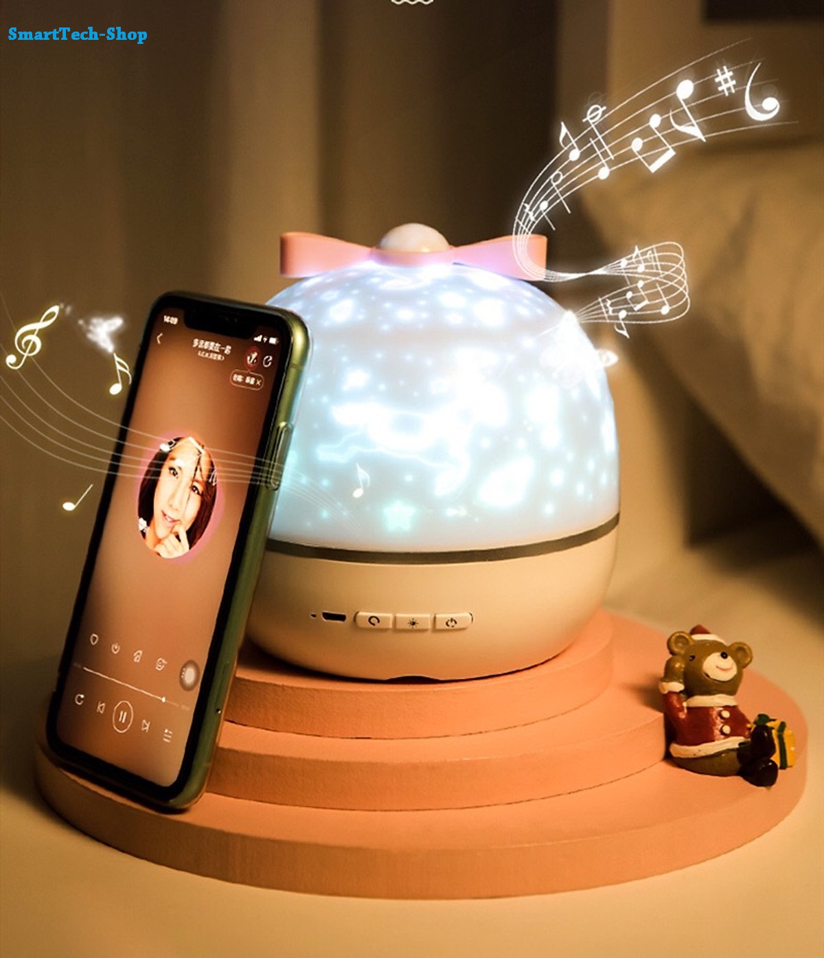 Đèn Ngủ kiêm Đèn Chiếu Ngàn Sao 6 phong cách xoay tự động, tích hợp phát nhạc bằng Bluetooth nhiều hiệu ứng, sạc bằng USB – Kiểu Nơ – Phát nhạc bằng Bluetooth kết nối ĐT, có Remote từ xa – sạc USB