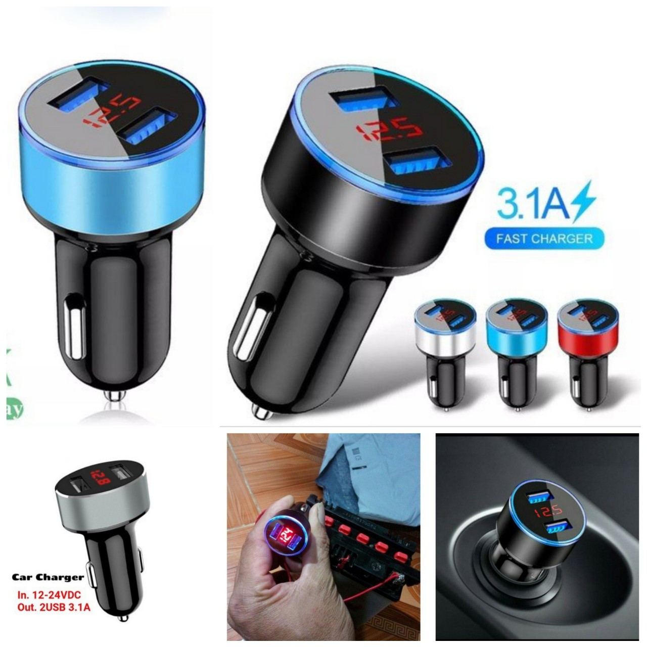 Tẩu cốc sạc nhanh 2 cổng ô tô xe hơi kèm đồng hồ báo vôn ắc quy 12v-24v mẫu mới loại tốt dùng các loại xe