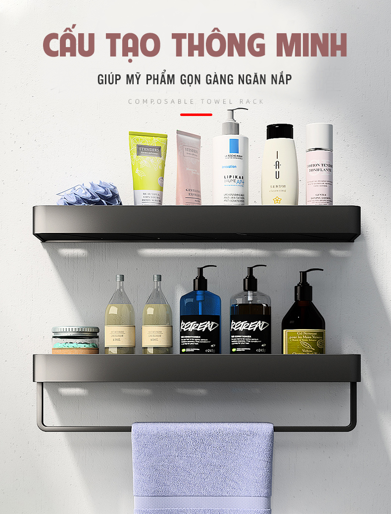 Combo 2 Kệ Nhà Tắm Cao Cấp Hiện Đại Phong Cách Bắc Âu Dán Tường Không Khoan Tường