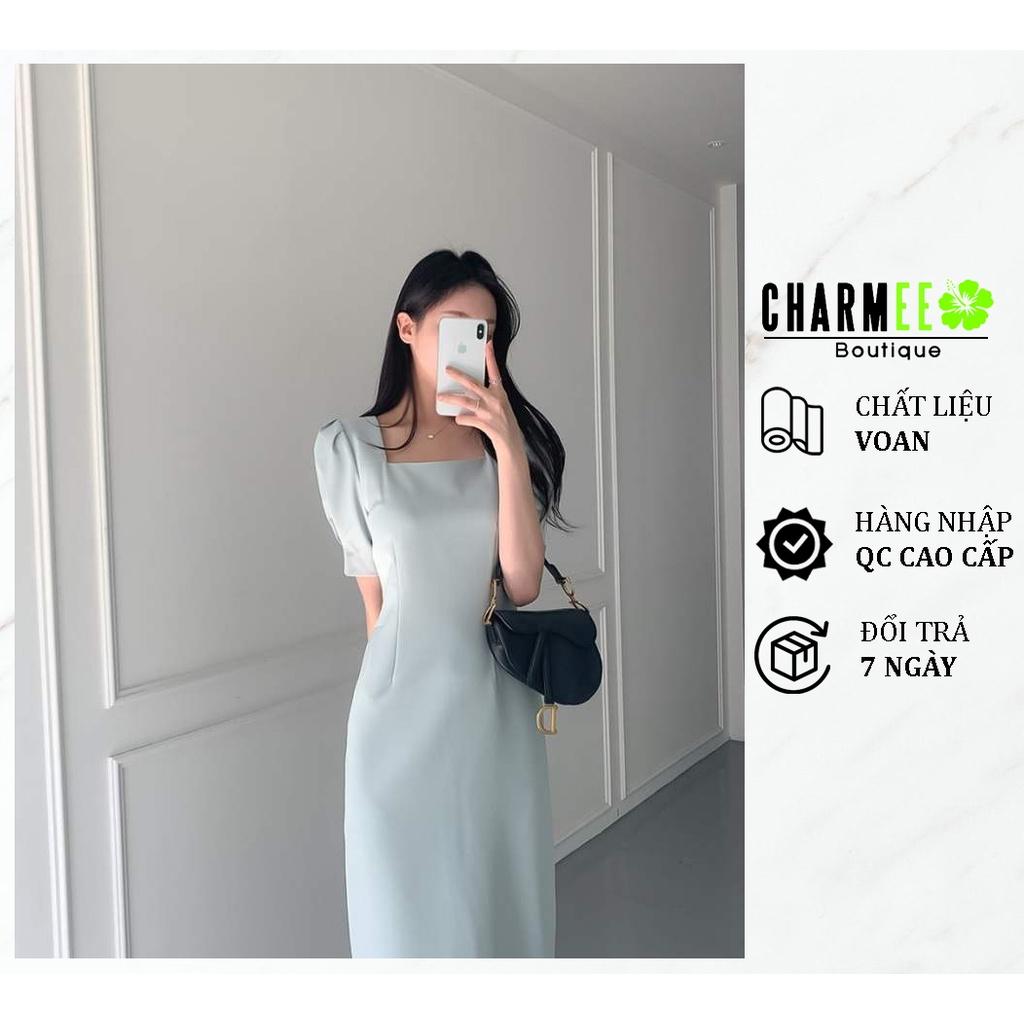 Đầm xanh cổ vuông dáng dài