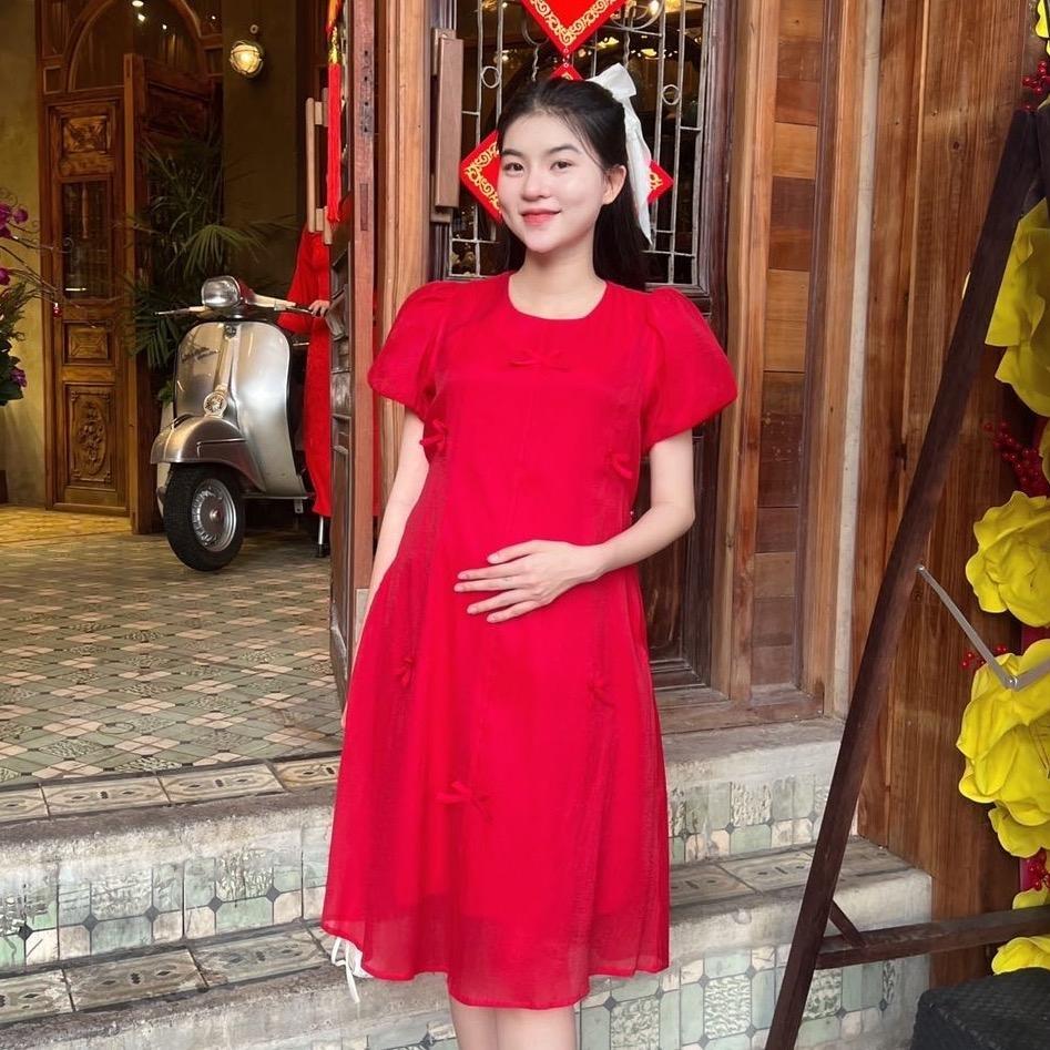 Đầm bầu tơ phom suông đính nơ nhẹ nhàng, dễ thương, sang chảnh Nữ Women - Xám