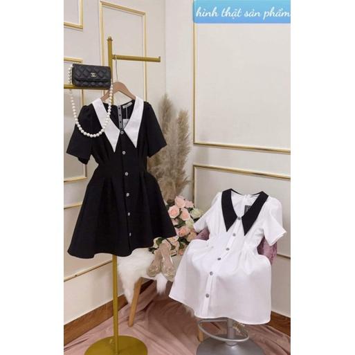 Đầm xòe cổ sen phối màu tay loe 6 nút hoa xinh xắn