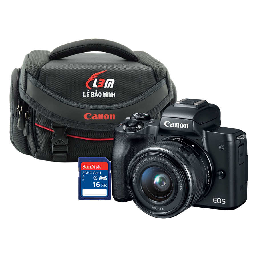 Combo Máy ảnh Canon M50 kit 15-45mm STM (Đen) - Hàng Chính Hãng + Thẻ 16GB + Túi