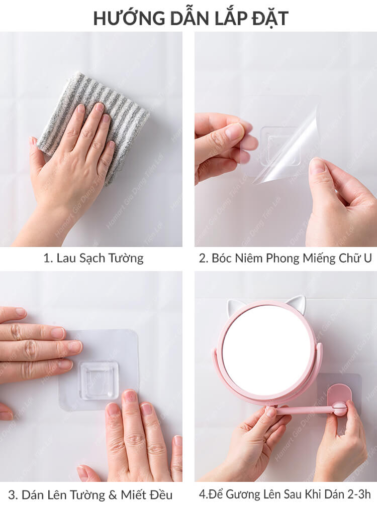 Gương Trang Điểm Treo Tường Tai Mèo Hamart Gương Tròn Mini Dán Tường Nhà Tắm Xoay 360°