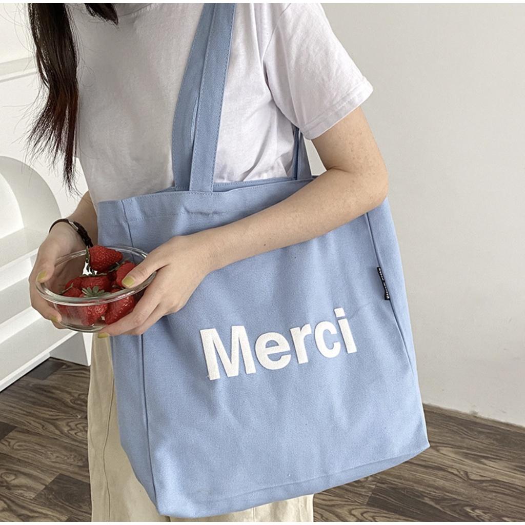 T260/ Túi Vải Tote Xanh Baby Blue Merci Đáng Yêu