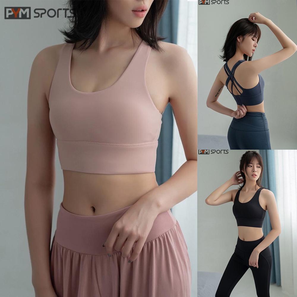 Áo bra, áo tập gym yoga PYMSPORT - PYMBR007 cài khuy sau, dây chéo sau lưng, nâng ngực, 3 màu hồng, xanh than, đen