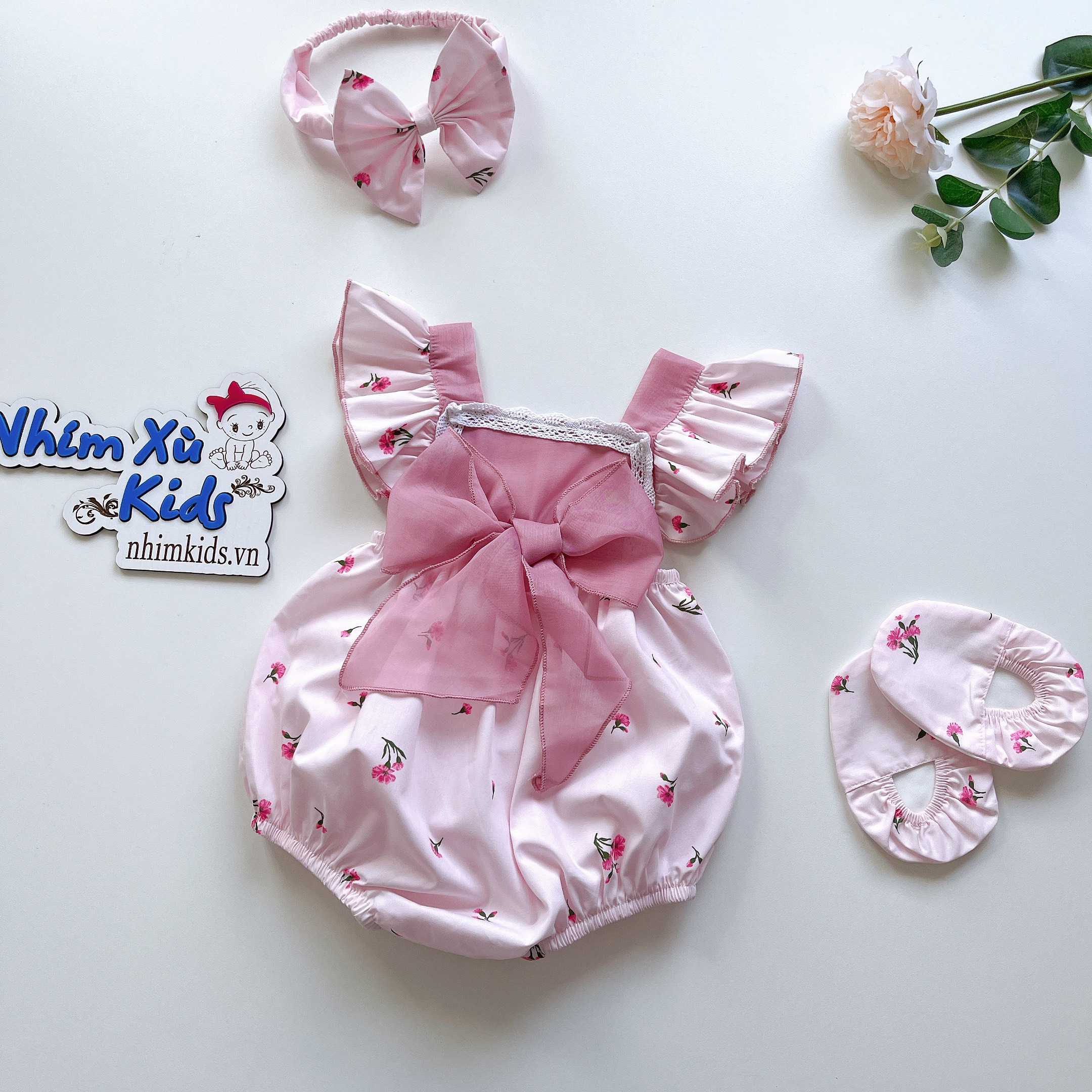 Body nơ bé gái 3 đến 12kg, Bodysuit tặng kèm turban cho bé gái
