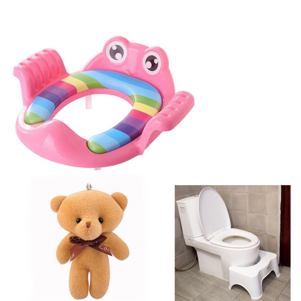 [ COMBO TIẾT KIỆM ] Bệ Thu Nhỏ Bồn Cầu Hình Ếch Có Tay Vịn + Ghế Kê Chân Toilet Chống Táo Bón Và Các Bệnh Về Đường Tiêu Hóa Cho Trẻ Nhỏ Và Người Già - Tặng 1 gấu bông mini - xanh dương - Hàng Chất Lượng