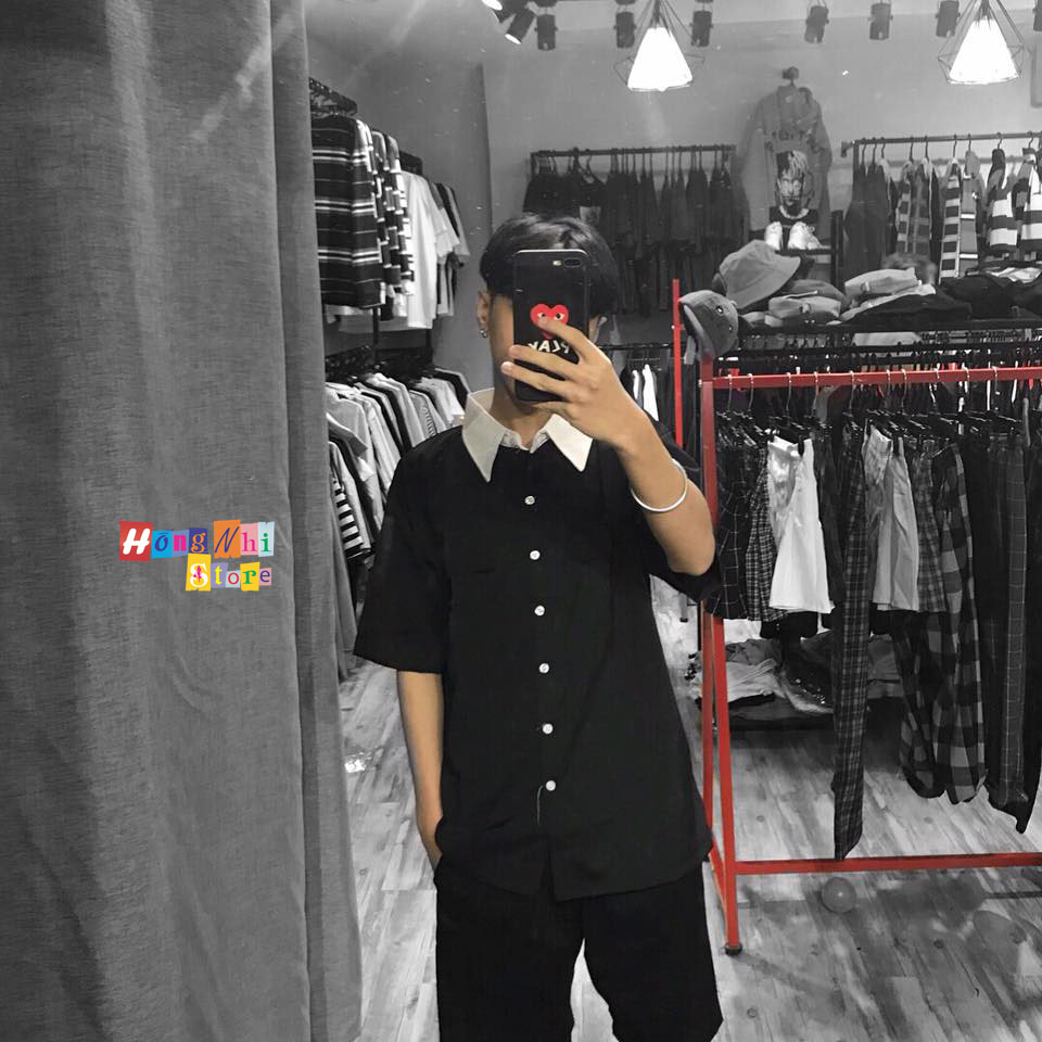 Sơ Mi Tay Lỡ Unisex Phối Cổ 2 Túi Màu Đen - Sơ Mi Mix Tay Lỡ - MM - M