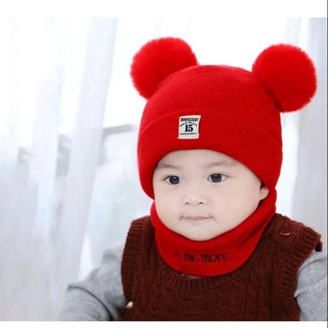 Bộ mũ gấu kèm khăn ống cho bé 0-12 tháng