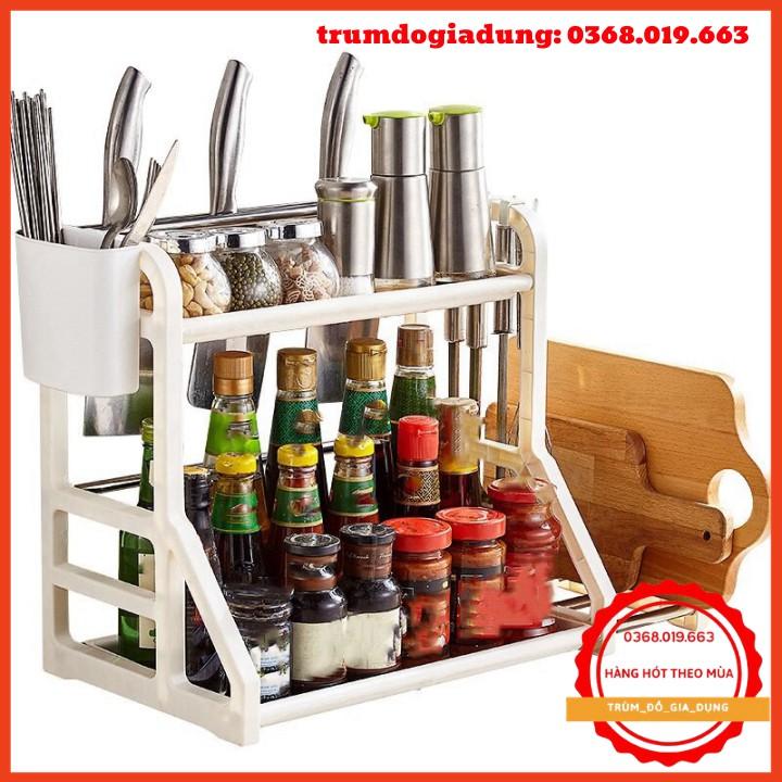 Kệ để đồ nhà bếp chữ h giá đựng gia vị 2 tầng đa năng thông minh kèm khay dao thớt nhựa để bàn phòng đẹp