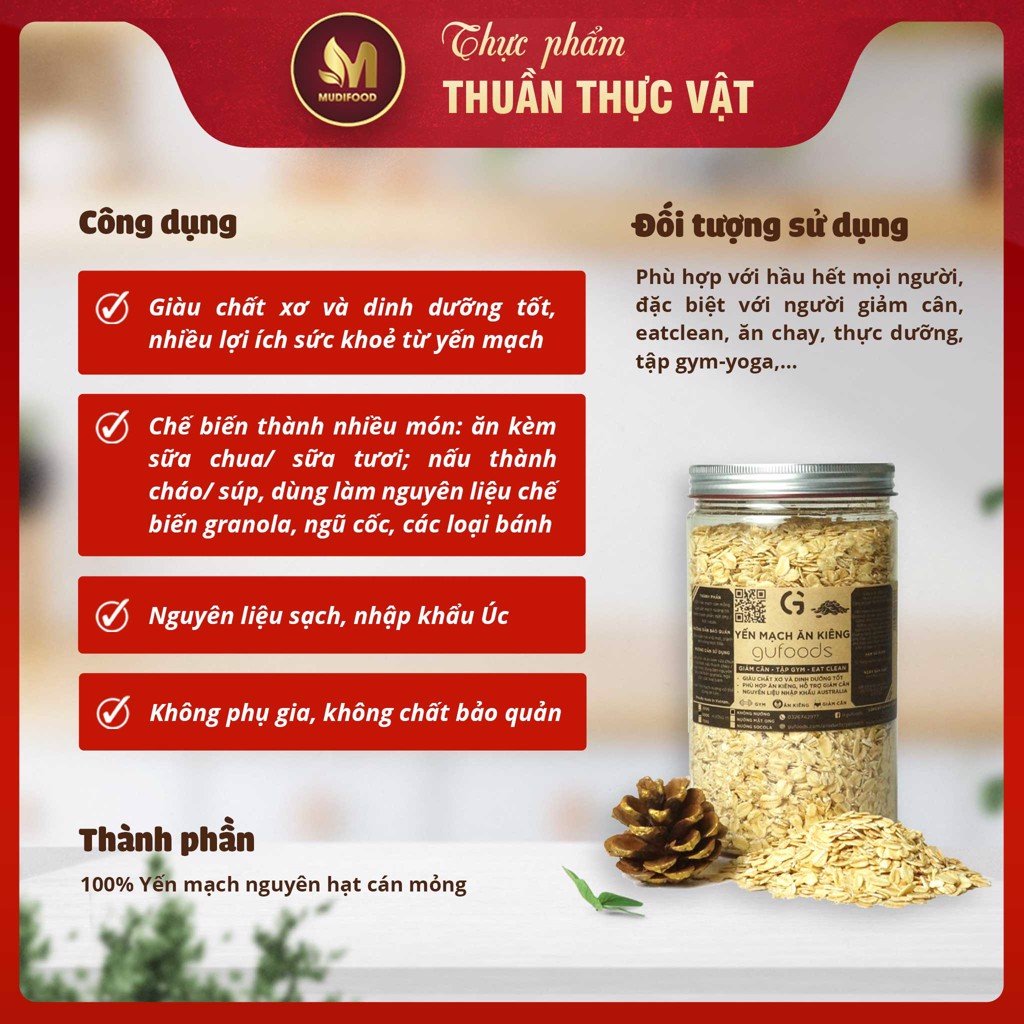 Yến Mạch Cán Mỏng Ăn Kiêng GUfoods hũ 500g - Giàu Chất Xơ, Hỗ Trợ Giảm Cân, Tập Gym, Eat Clean