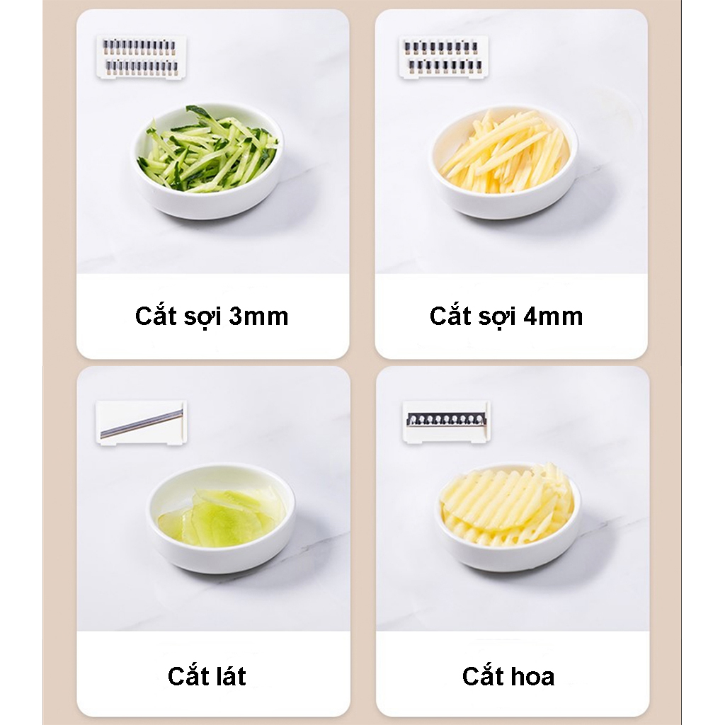 Dụng cụ bào sợi rau củ thông minh, có 4 lưỡi dao khác nhau và có rổ làm ráo nước