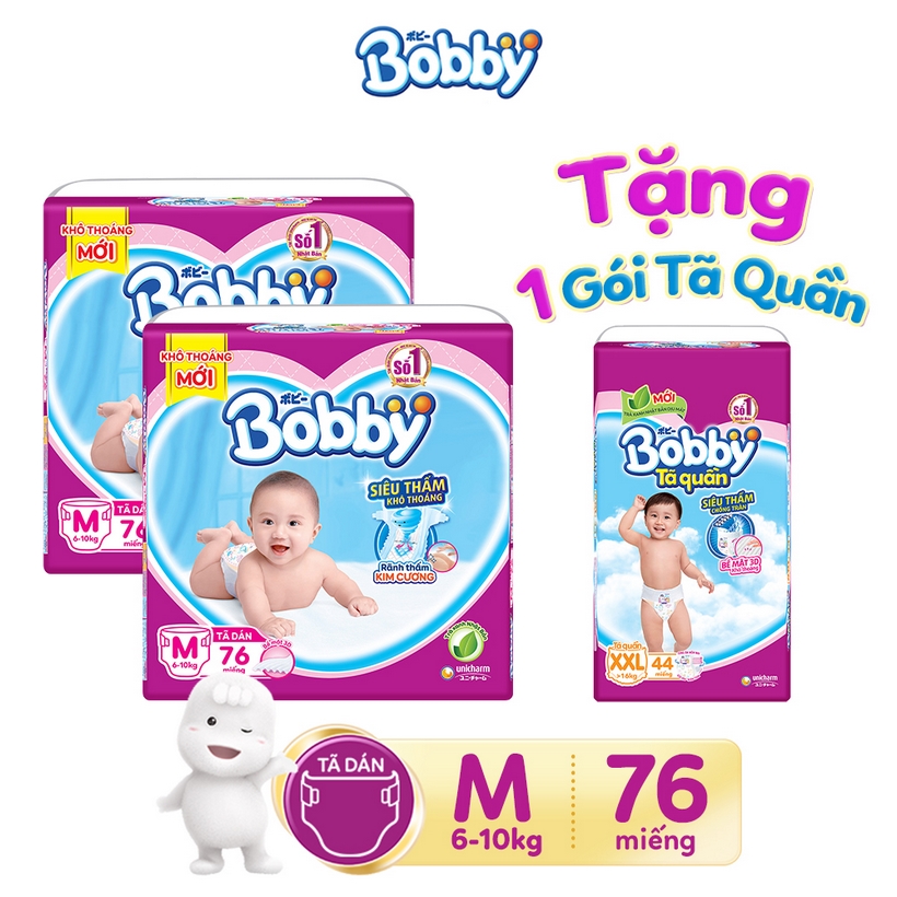 Combo 2 Tã dán Bobby siêu thấm M76/L68/XL62/XXL56 tặng 1 gói tã quần XXL44