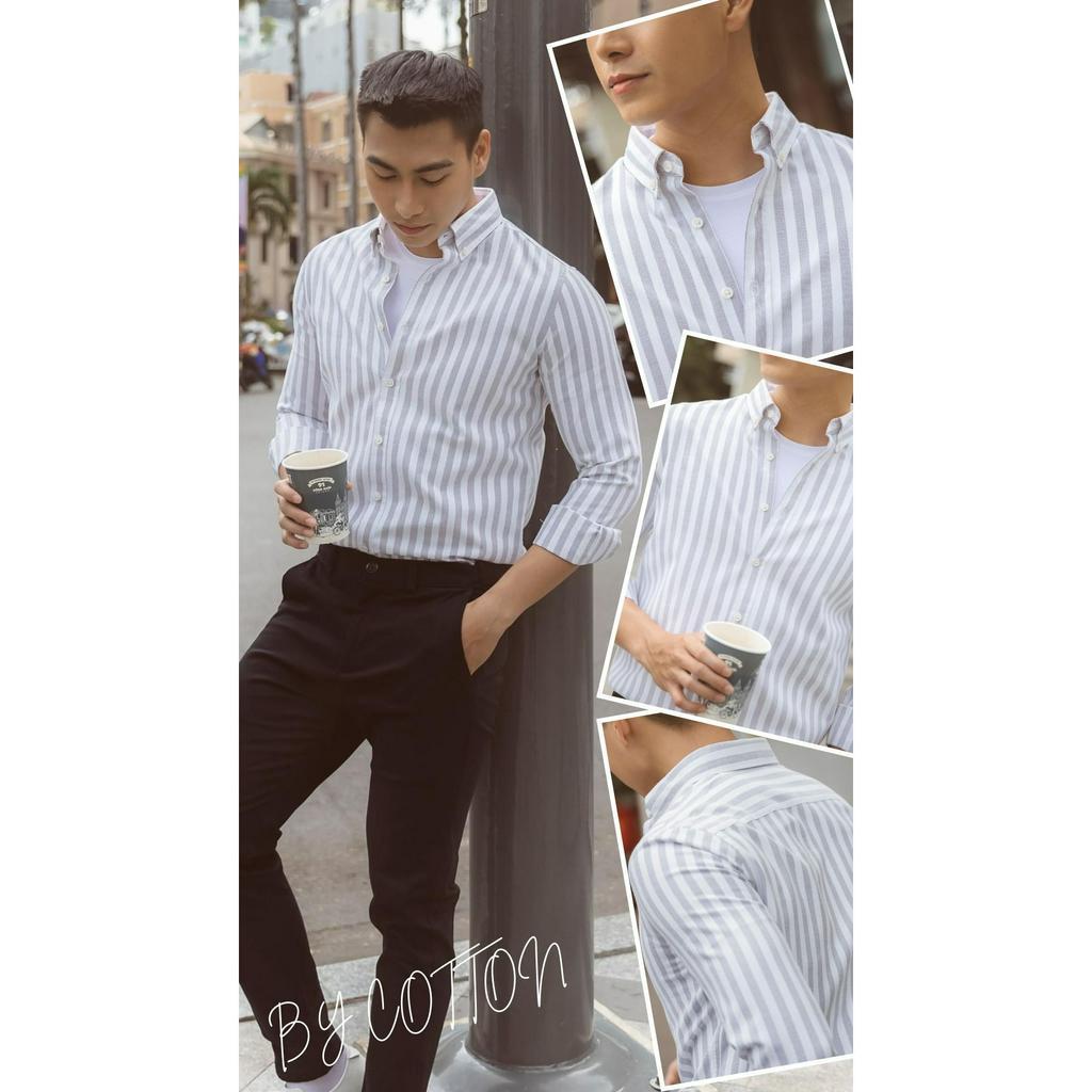 Áo Sơ Mi Nam Ngắn Tay Phối Sọc BY COTTON Light Grey Stripes Oxford 1122