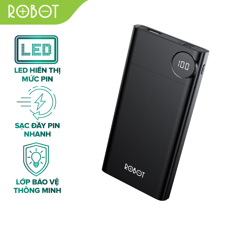 Sạc dự phòng ROBOT RT190 10000mAh thiết kế nhỏ gọn LED hiển thị Pin 2 cổng vào Micro/Type-C và 1 Cổng Ra USB - Hàng Chính Hãng