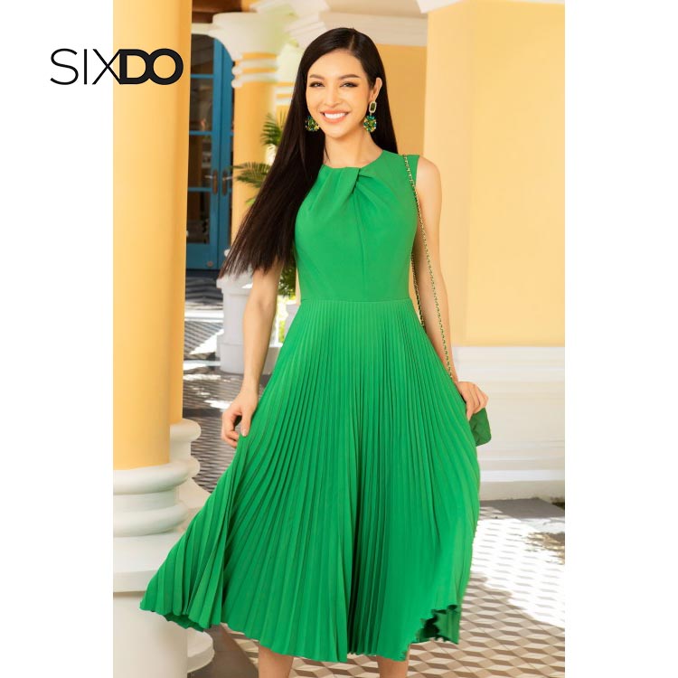 Đầm sát nách midi xếp ly xoắn cổ thời trang SIXDO - L