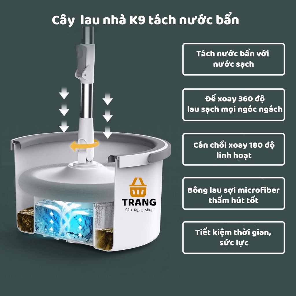 Bộ cây chổi lau nhà tách nước K9 tròn xoay 360 độ công nghệ nano Hand mops, cây lau nhà thông minh tách nước bẩn có vòi xả