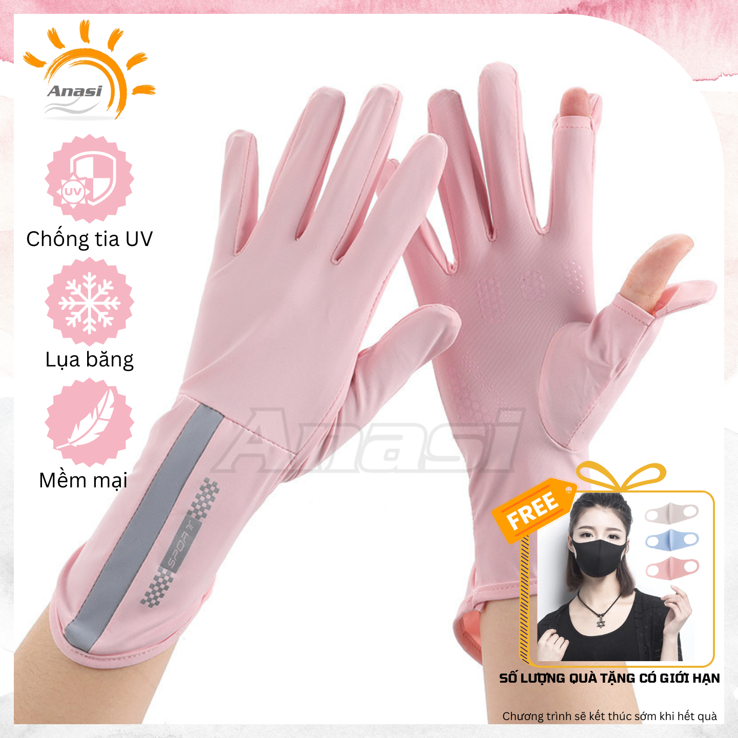 Găng tay chống nắng nữ Anasi AU113 - Lụa băng - Lật mở ngón tay dùng cảm ứng - Chống trượt