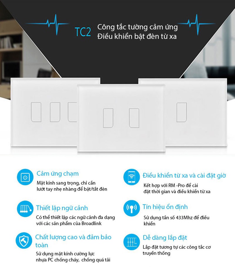 ROGTZ Công tắc cảm ứng Broad link TC2 UK 3 Nút - Hàng Nhập Khẩu