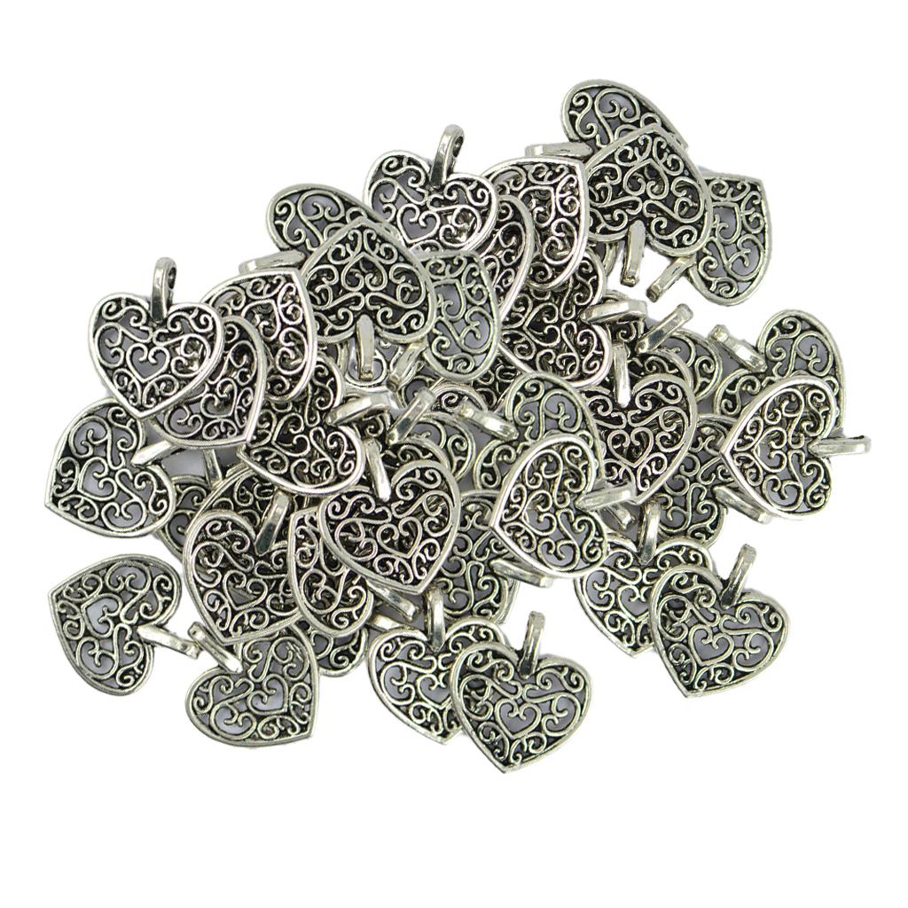 100 Piece Silver Filigree Heart Alloy Charms Pendants Jewelry Making Findings Handmade Accessories for Crafting