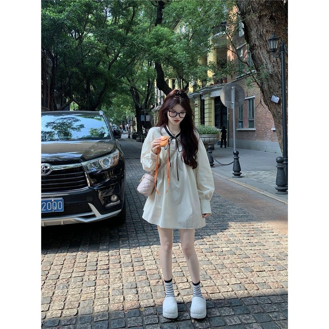 SHUANGYAN 2023 Pháp Vintage ren-up bong bóng tay áo đầm mùa xuân và mùa thu nữ dài tay áo lỏng lẻo váy ngắn ẩm ướt