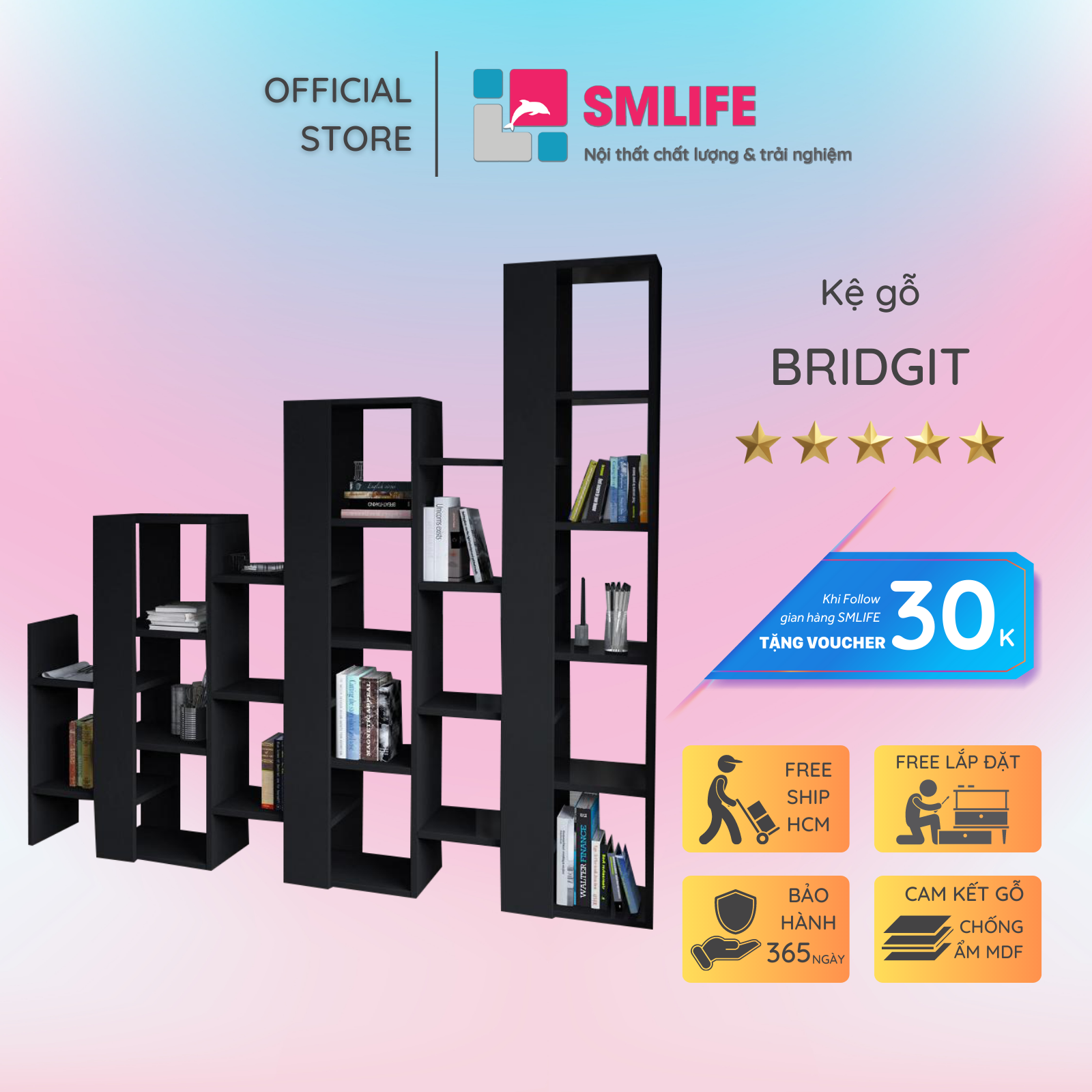 Giá sách gỗ công nghiệp hiện đại thiết kế đẹp SMLIFE Bridgit