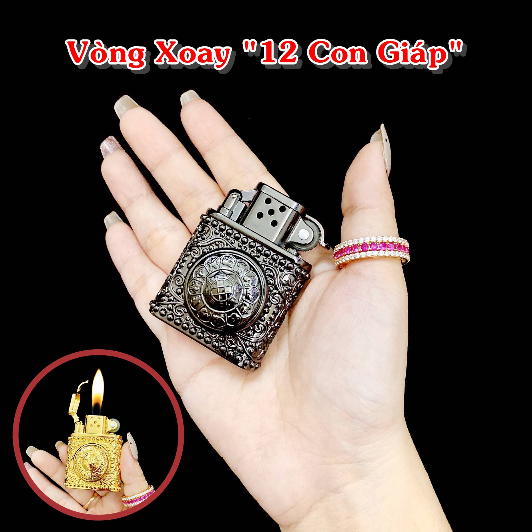 Hộp quẹt bật lửa Z852 cối gas đá vòng xoay 12 con giáp - (xài gas)