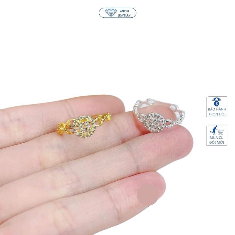 Nhẫn kim tiền chữ vạn đính đá bạc mạ vàng cho nữ, Anchi jewelry