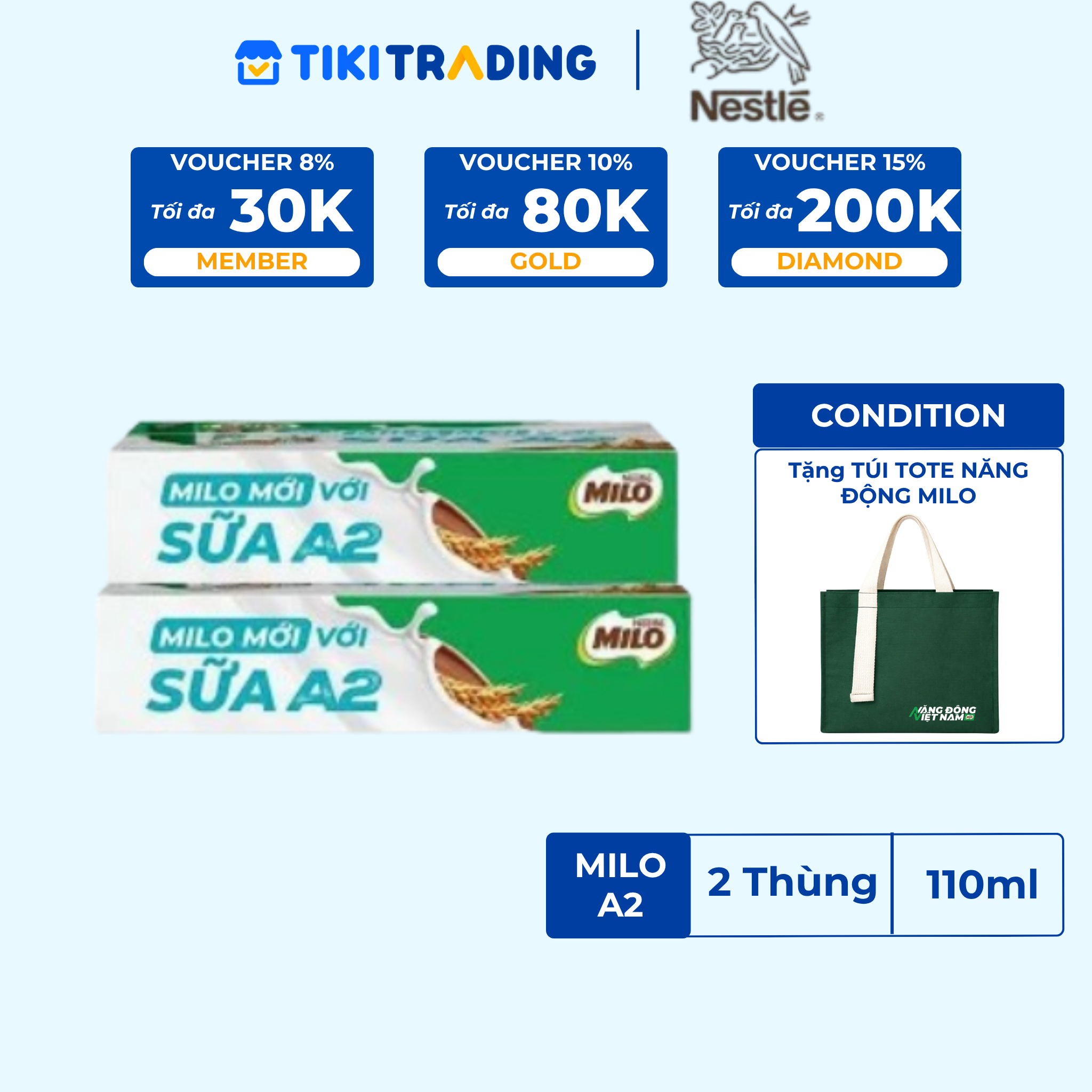 COMBO 2 Thùng 48 Hộp Sữa Nestlé MILO A2 MỚI (110ml/Hộp)