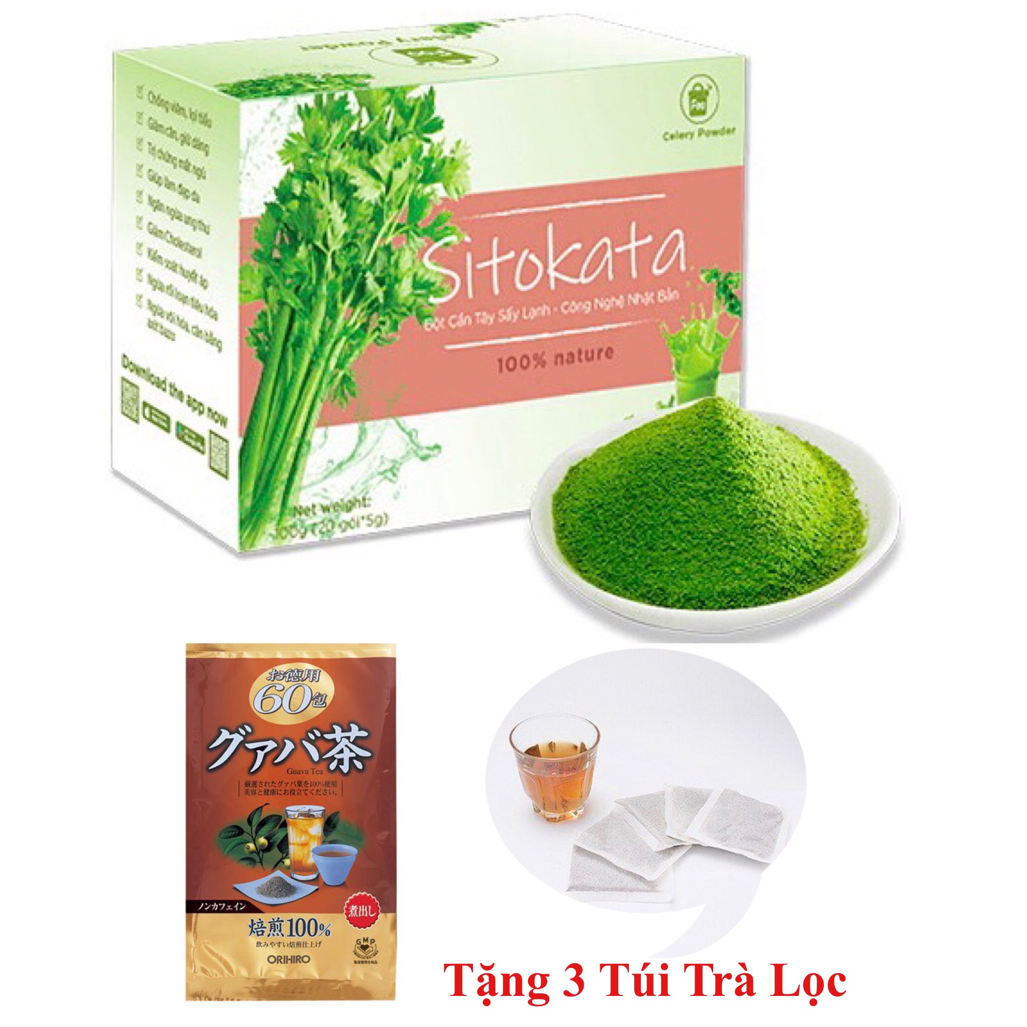 Bột Cần Tây Sitokata Nhật Bản (Tặng Kèm 3 Túi Lọc Trà Ổi Orihiro Nhật Bản + Bình Nước + Cẩm Nang Giảm Cân 7 Ngày)