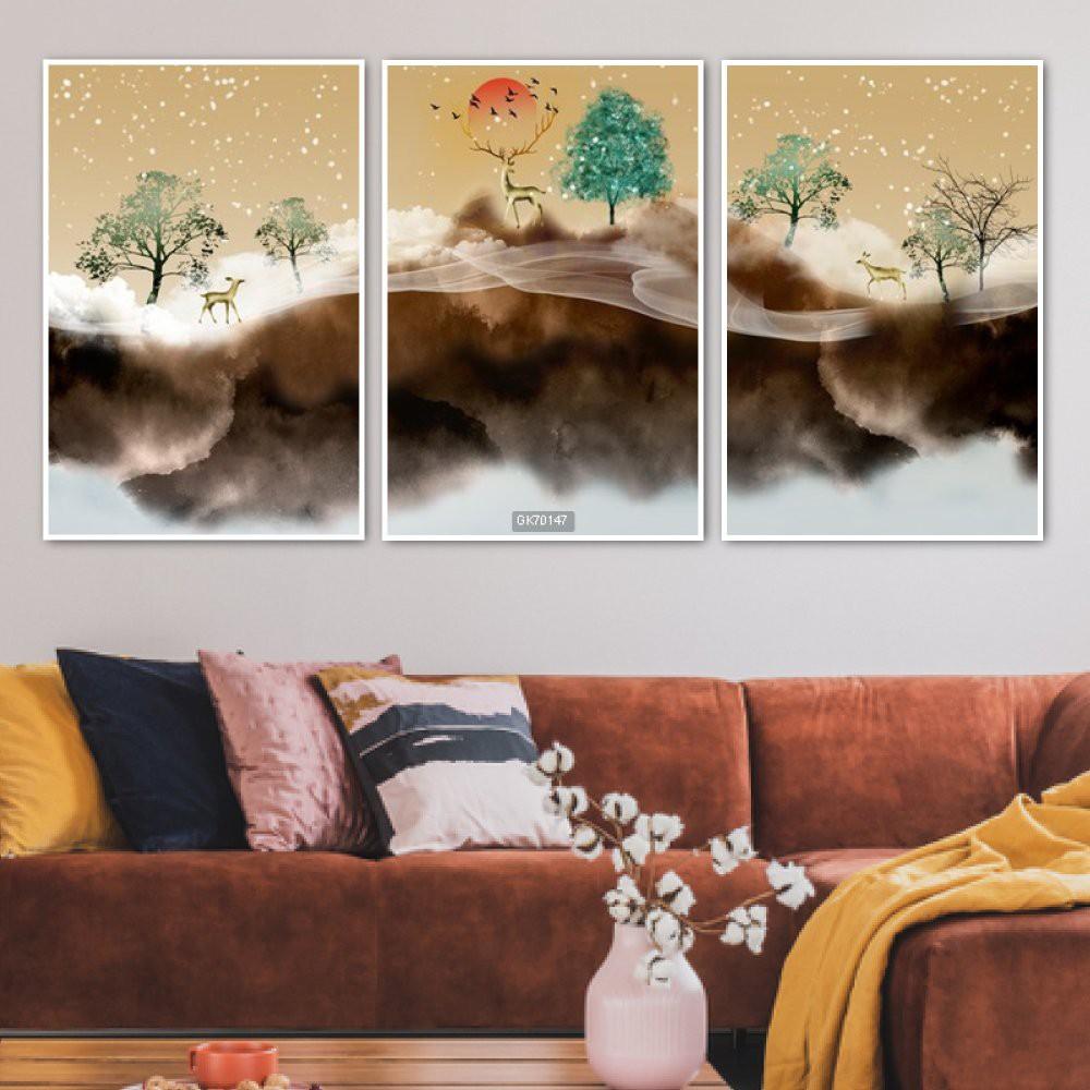Tranh treo tường Hươu tài lộc - tranh treo tường giá xưởng - Kèm đinh 3 chân chuyên dụng không cần khoan tường