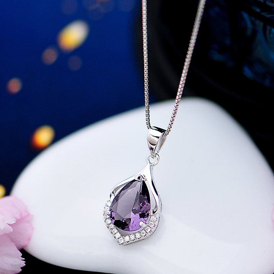 Dây chuyền bạc 925 trang sức nữ - Vòng cổ mặt đá Pha lê Tím - Kèm hộp