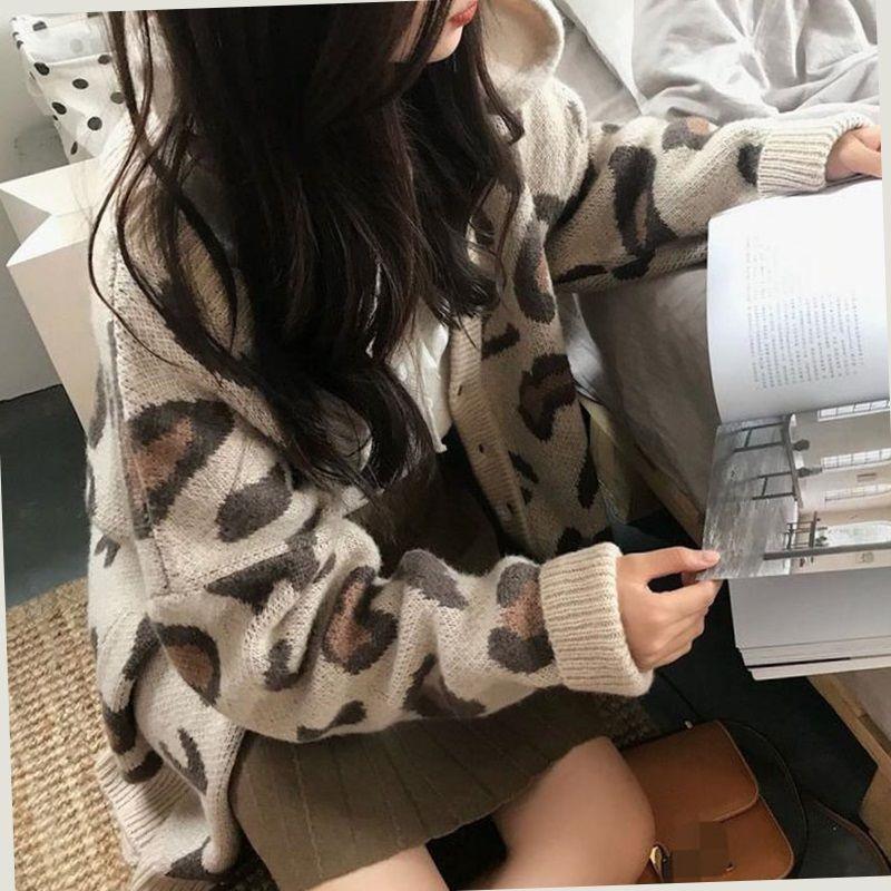 Áo len cardigan nữ dệt kim form rộng cổ V Họa Tiết Báo phong cách Hàn Quốc Hàng Quảng Châu Chất Đẹp H-1