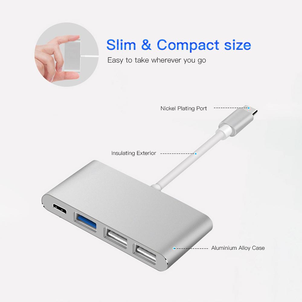 4 in 1 Type-C to Type-C 3 Hub Charging Port Type-C to USB 3.0 Adapter Cable USB C to 3 Hub Fast Speed (Sliver)