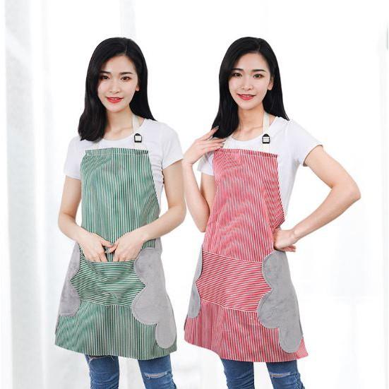 Tạp dề kẻ hoa có khăn lau tay bên hông, tạp dề chống thấm nước