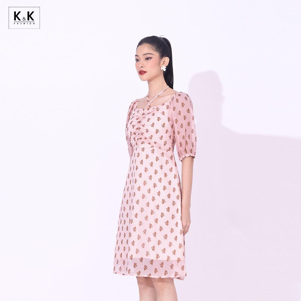 Đầm Chữ A Họa Tiết Nhấn Ngực Phối Nơ K&K Fashion KK114-34 Chất Liệu Voan Gân