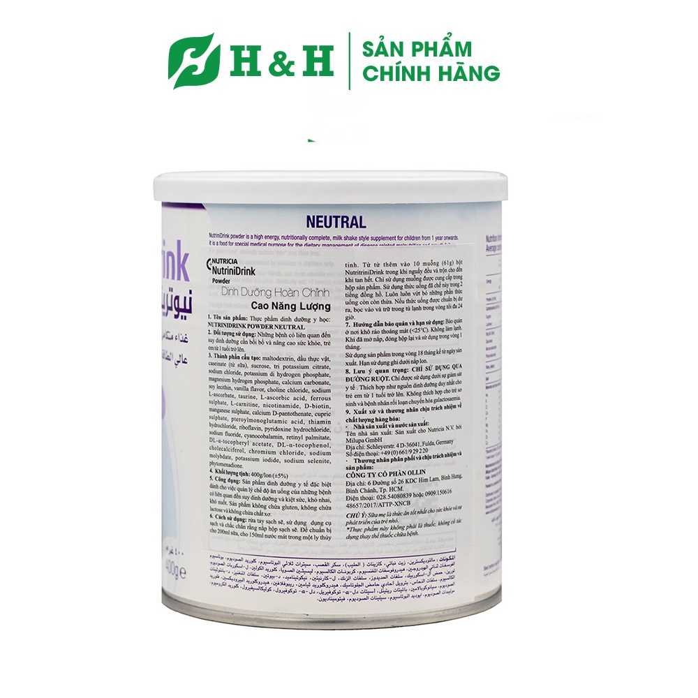 Sữa Nutrinidrink vị Vani/ vị Neutral lon 400g