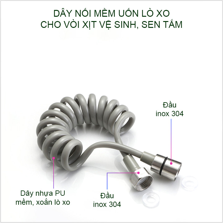 Dây mềm cho vòi xịt vệ sinh, sen tắm uốn hình lò xo bằng nhựa PU, đầu inox 304, dài 1.5m-2m-3m tùy chọn